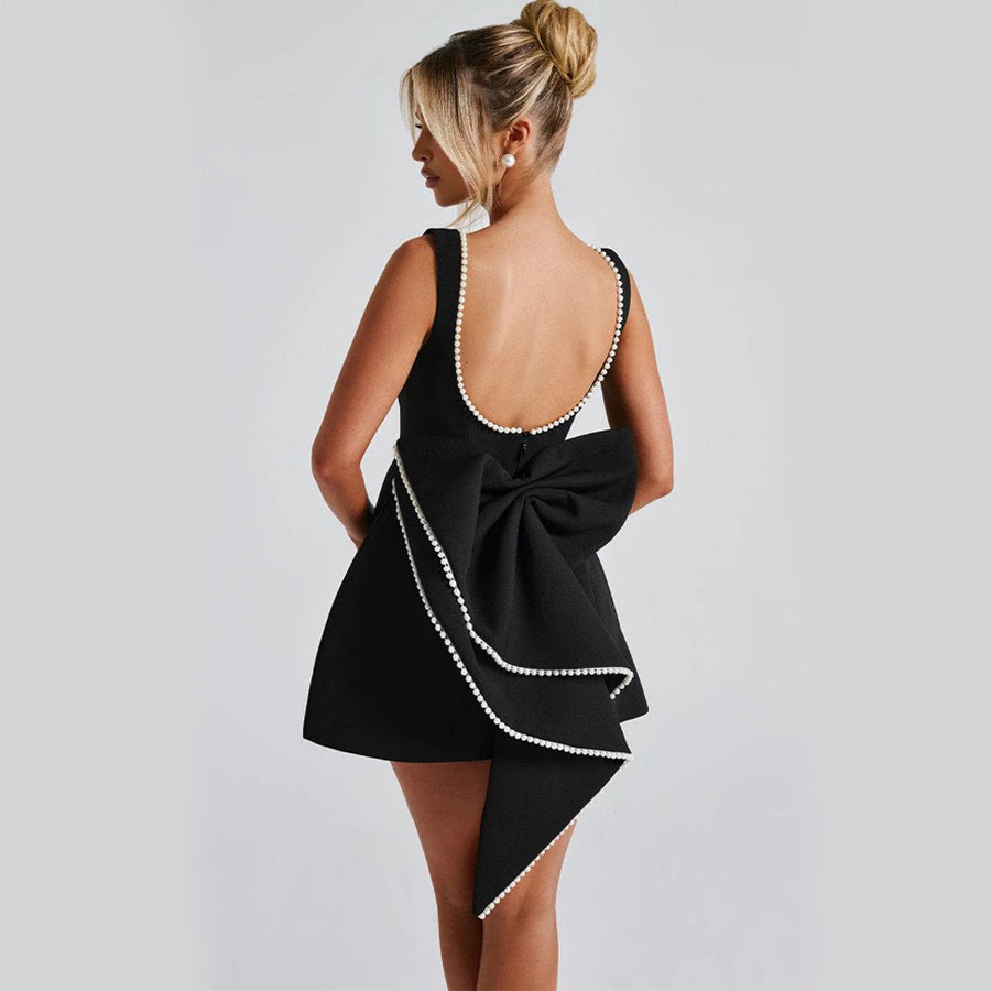Fashion Big-Bowed Pearls Backless Dress Summer Slim Sleeveless A-line